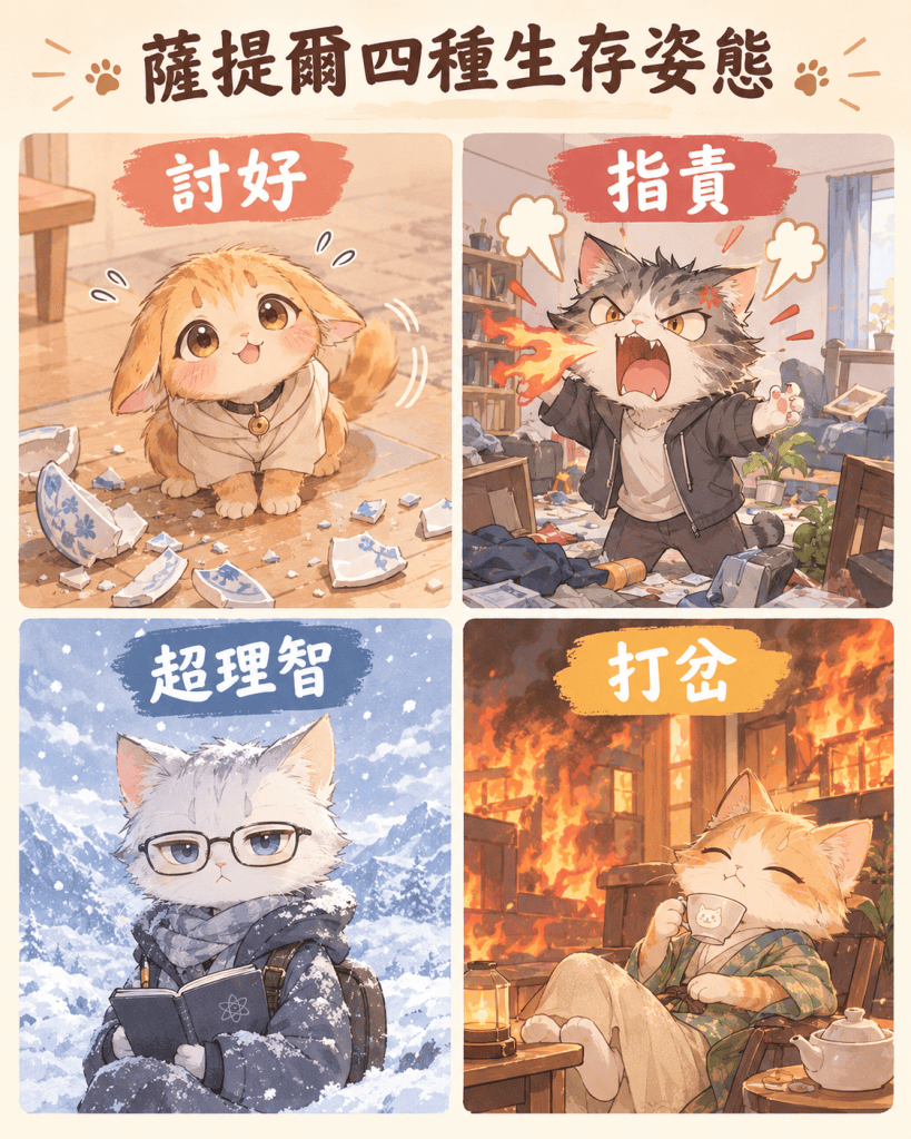 面對壓力時，薩提爾四種應對姿態反映了內在的求生存模式：習慣退讓的討好、強勢攻擊的指責、切斷情緒的超理智，以及逃避現實的打岔。透過覺察自我與情境，能將防衛機制轉化為一致性溝通，重塑內在力量。
